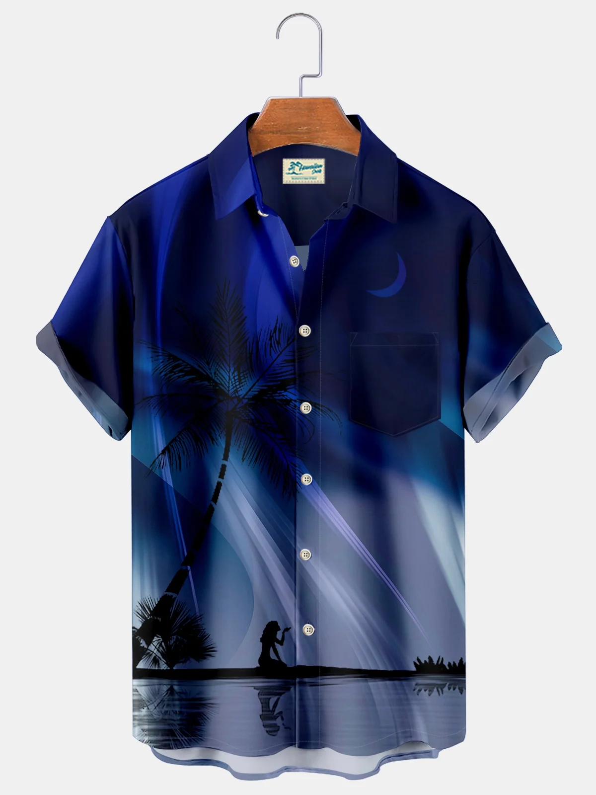 Royaura Blue Aurora Gradient Hawaiian Coconut Tree Beauty Print Chest Bag Shirt Plus Size Shirt