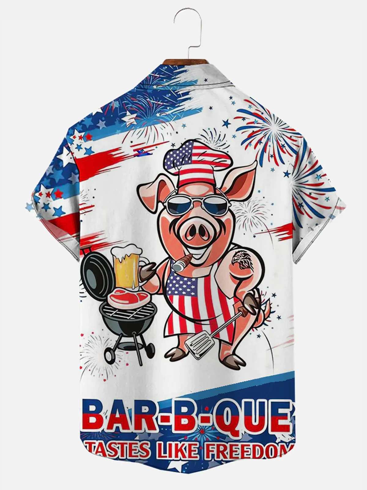 Royaura Pig Chef American Flag BBQ printed chest pocket casual shirt oversized holiday shirt