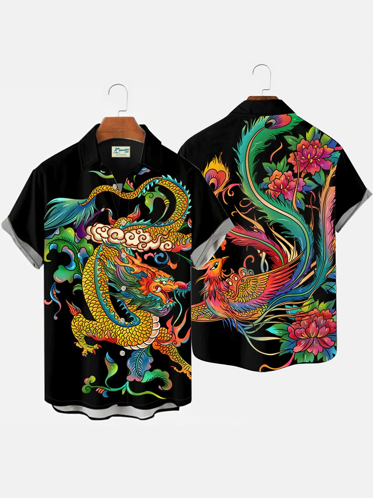 Royaura Black Vintage Dragon Print Breast Pocket Shirt Plus Size Shirt