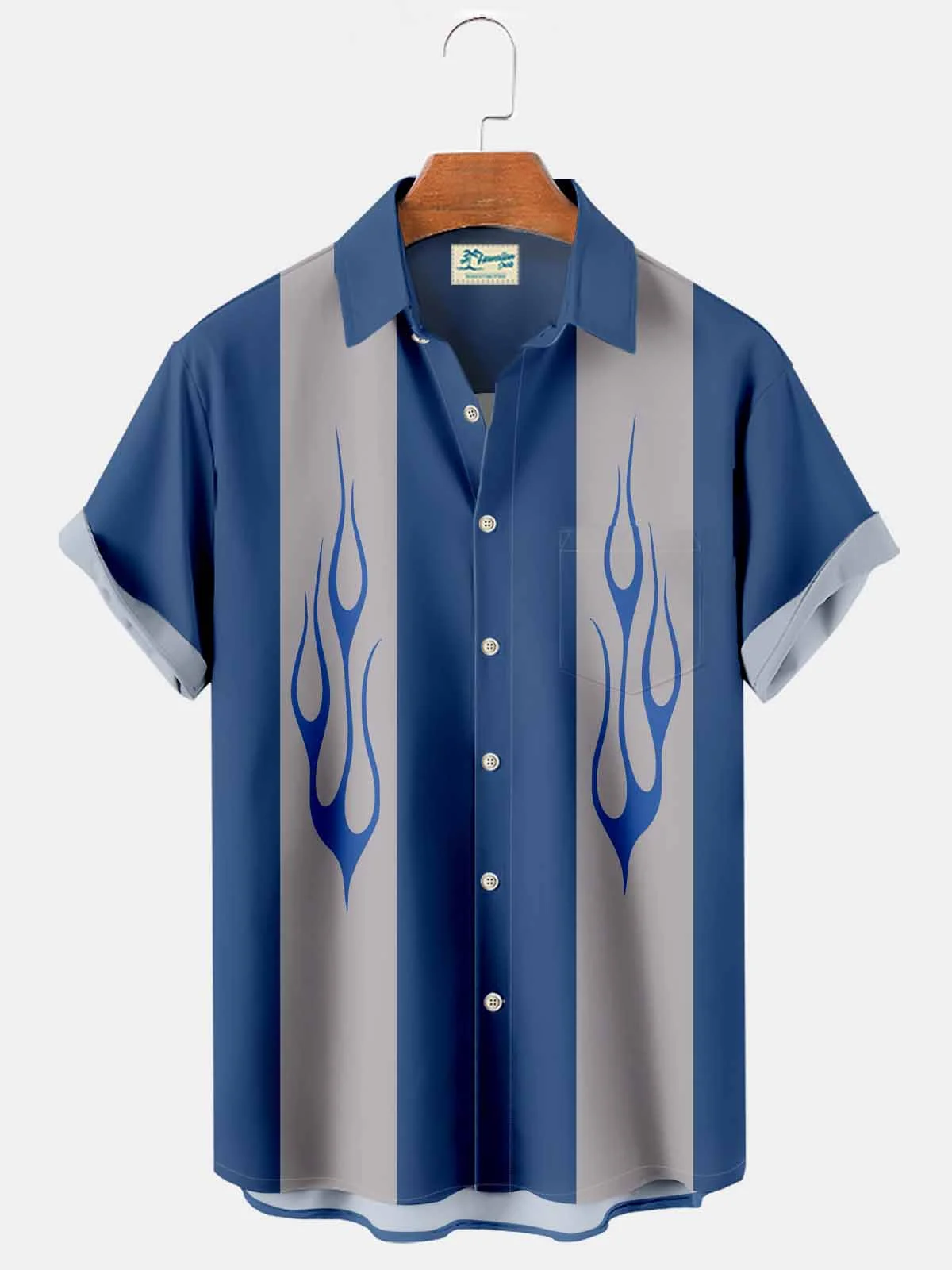 Royaura Blue Vintage Bowling Flame Car Print Breast Pocket Shirt Plus ...