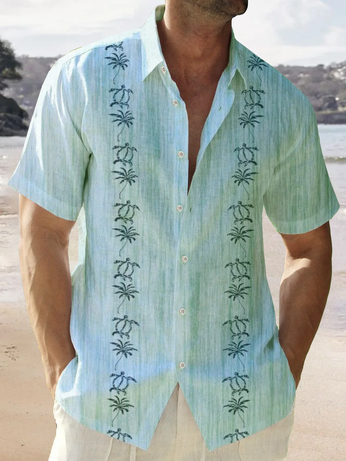 Royaura Natural Fiber Coconut Tree Gradient Retro Bowling Hawaiian Shirt Oversized Vacation Aloha Shirt