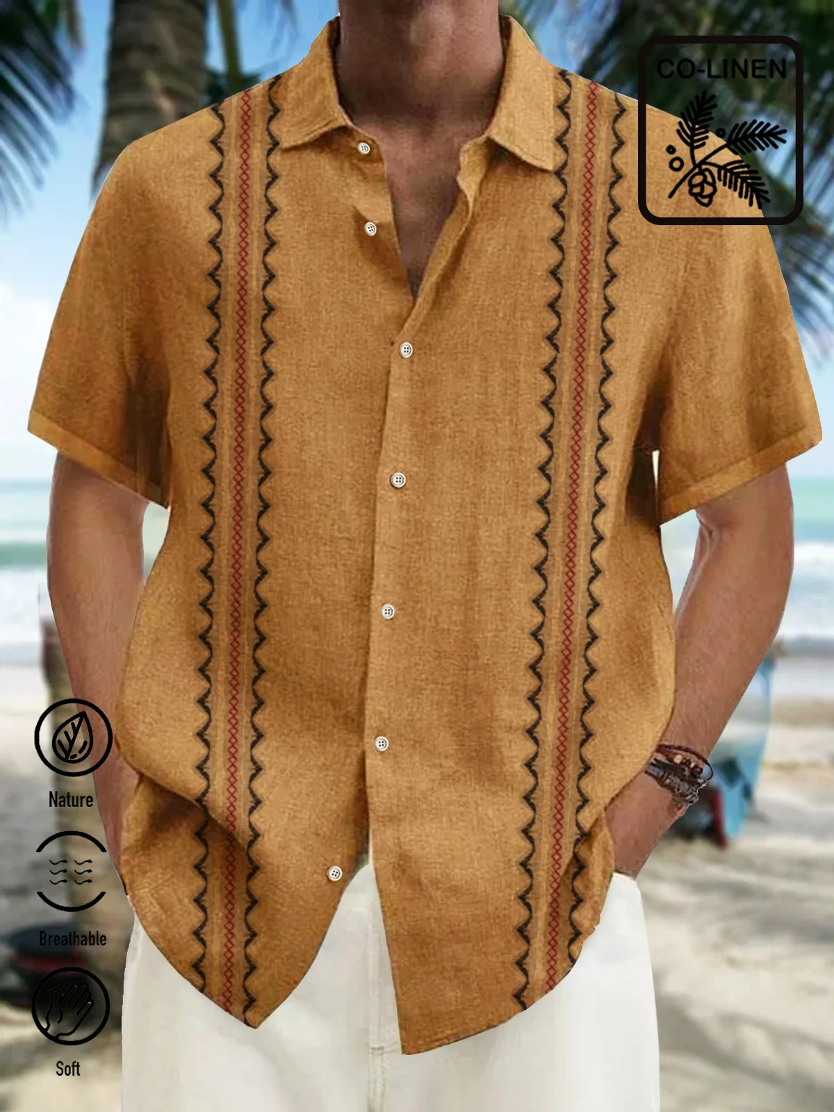 Royaura Holiday Casual Vintage Men's Guayabera Shirts Natural Fiber Blend Oversized Hawaiian Aztec Shirts