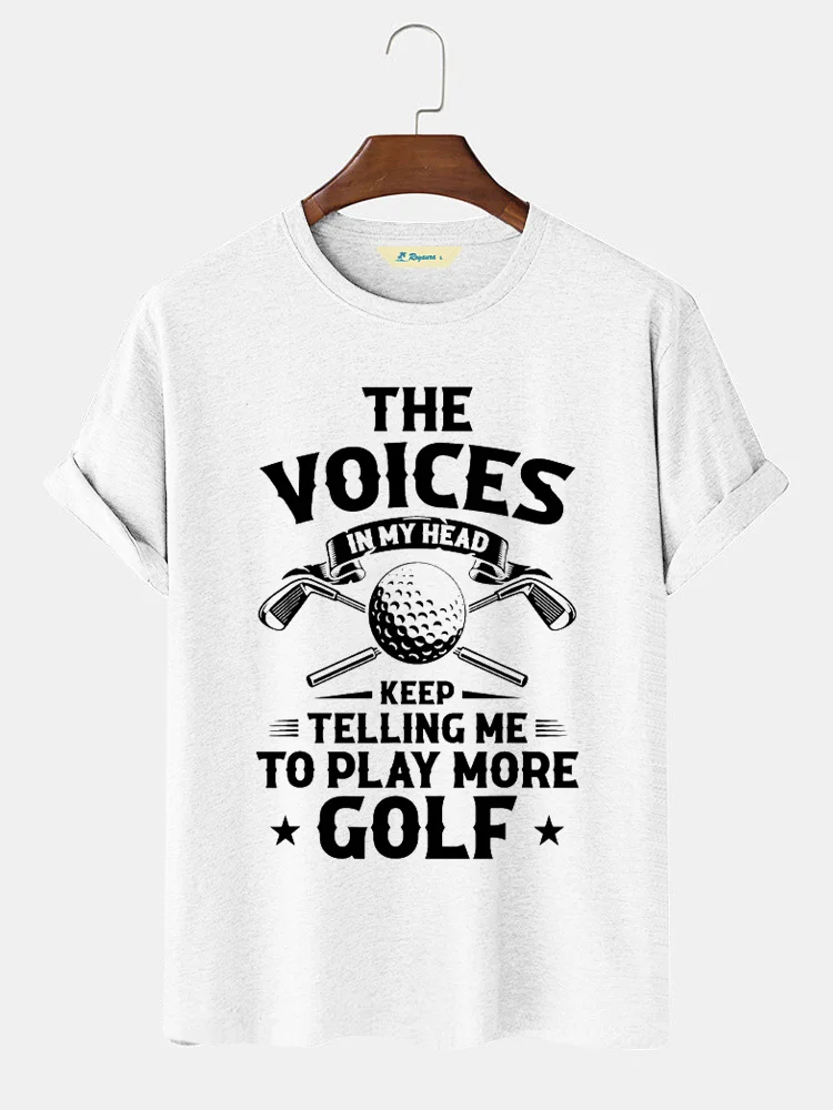 Royaura Men’s The Voices In My Head Keep Telling Me To Play More Golf Casual Text Letters Comfortable Crew Neck T-Shirt