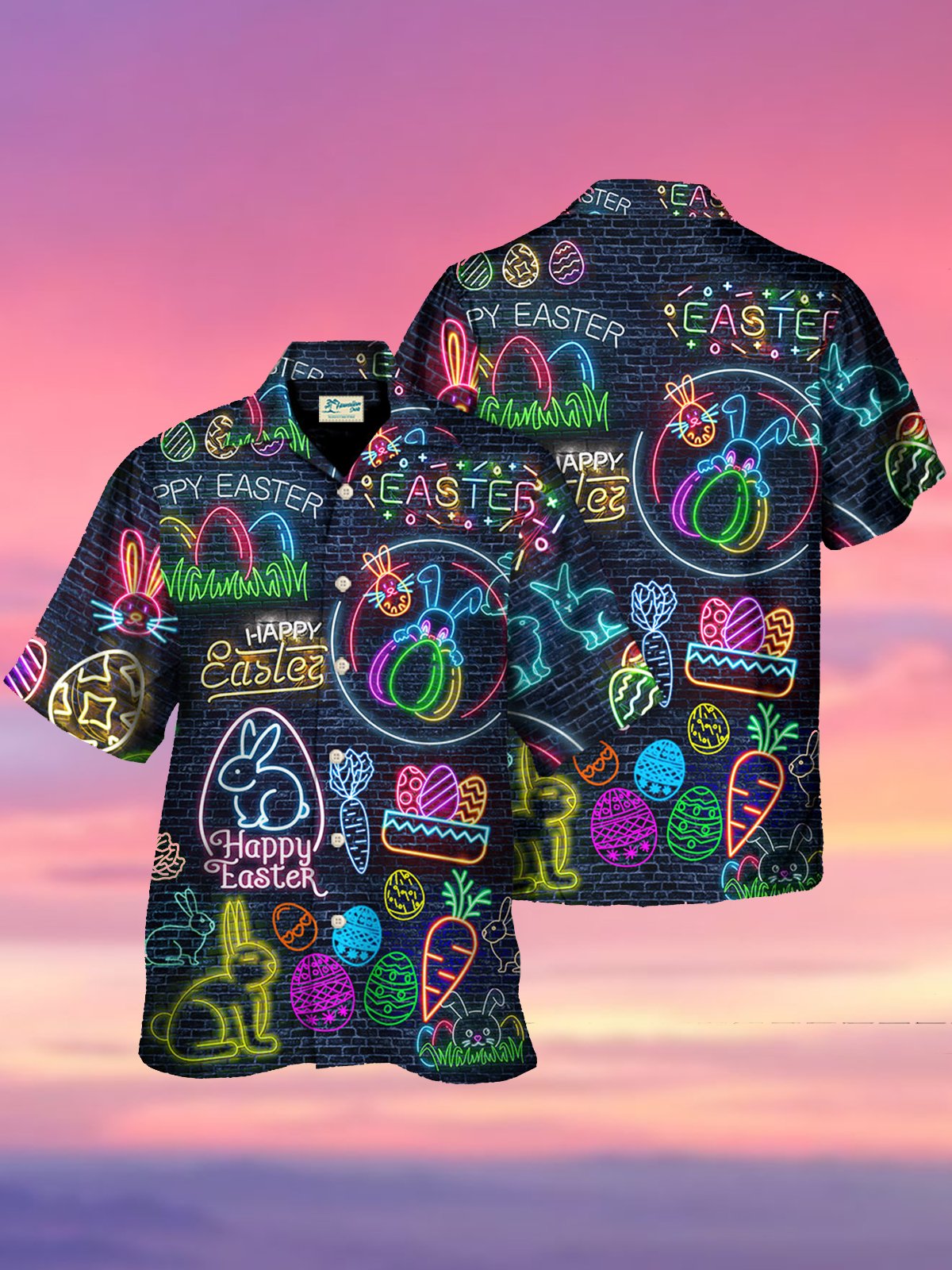 Royaura Casual Easter Egg Men's Hawaiian Shirts Neon Bunny Nightclub Oversized Stretch Button Shirts