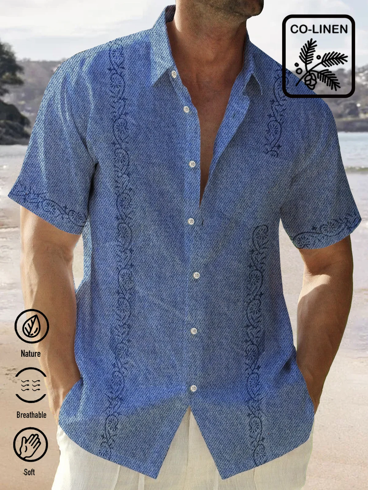 Royaura blue Nature  Fiber vintage texture denim blue print chest pocket vintage shirt oversized holiday shirt