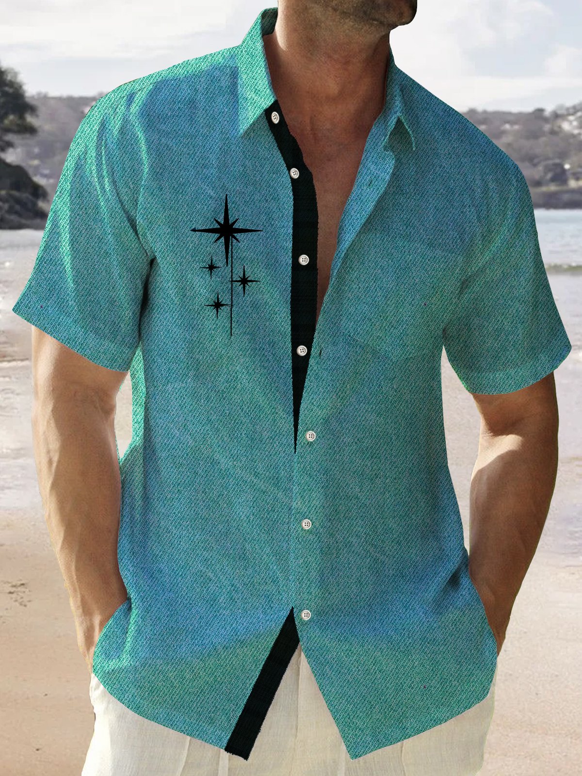 Royaura Nature  Fiber Green Geometric Stripe Print Chest Bag Shirt Plus Hawaiian Shirt