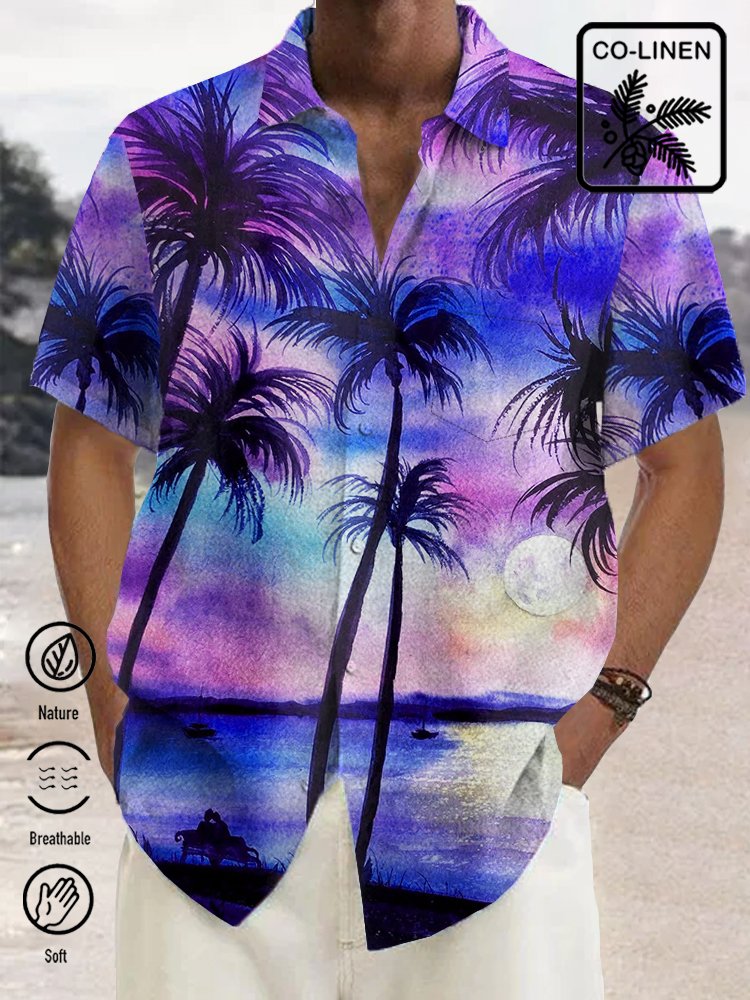 Royaura Comfortable Hemp Coconut Tree Sunset Beach Hawaiian Button Shirt