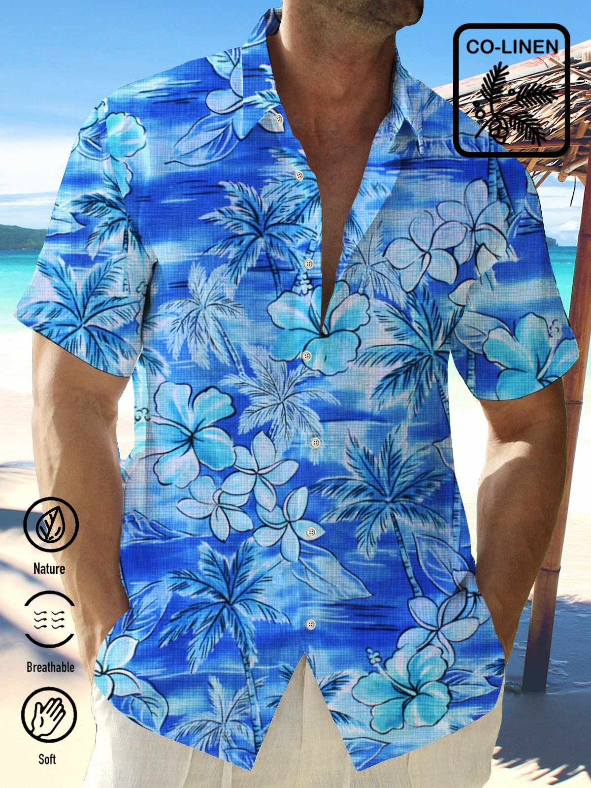 Royaura Natural Fiber Coconut Plumeria Print Men's Vacation Hawaiian