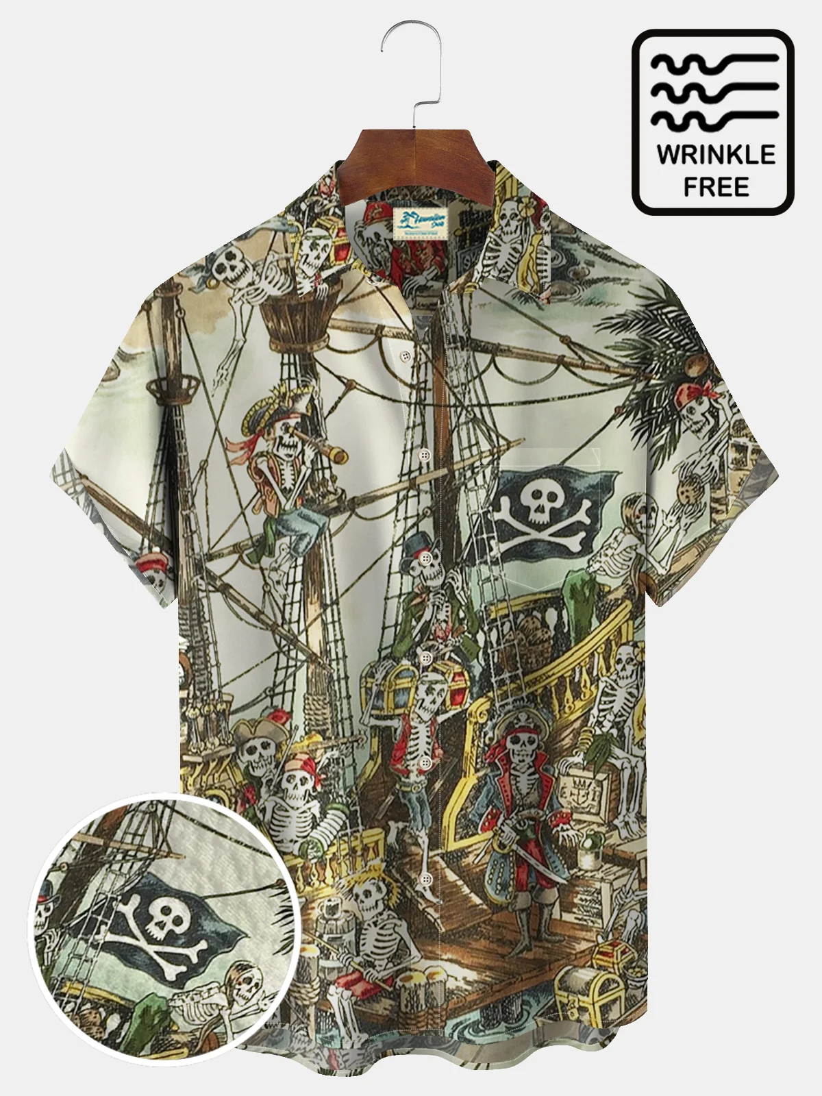 Royaura Vintage Skull Pirate Print Men's Vacation Hawaiian Big and Tall Aloha Wrinkle-Free Shirt