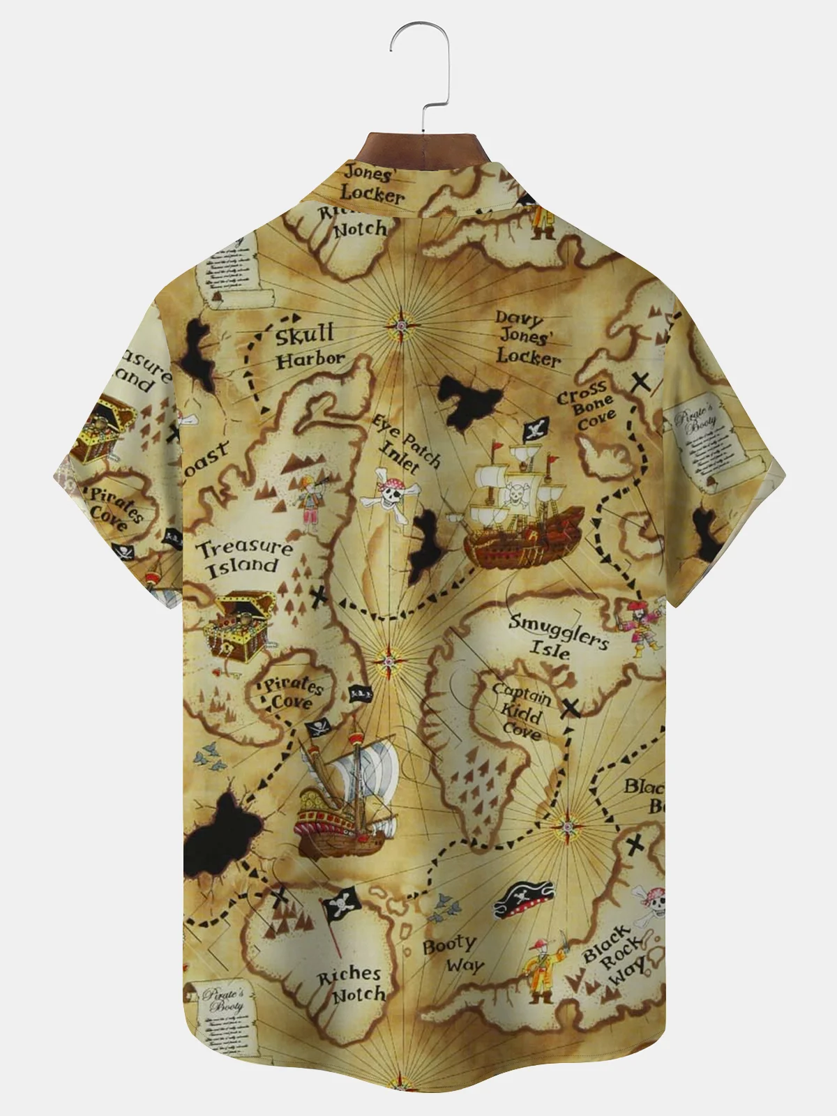 Royaura Vintage Skull Pirate Treasure Map Print Men's Vacation Hawaiian Big and Tall Aloha Shirt