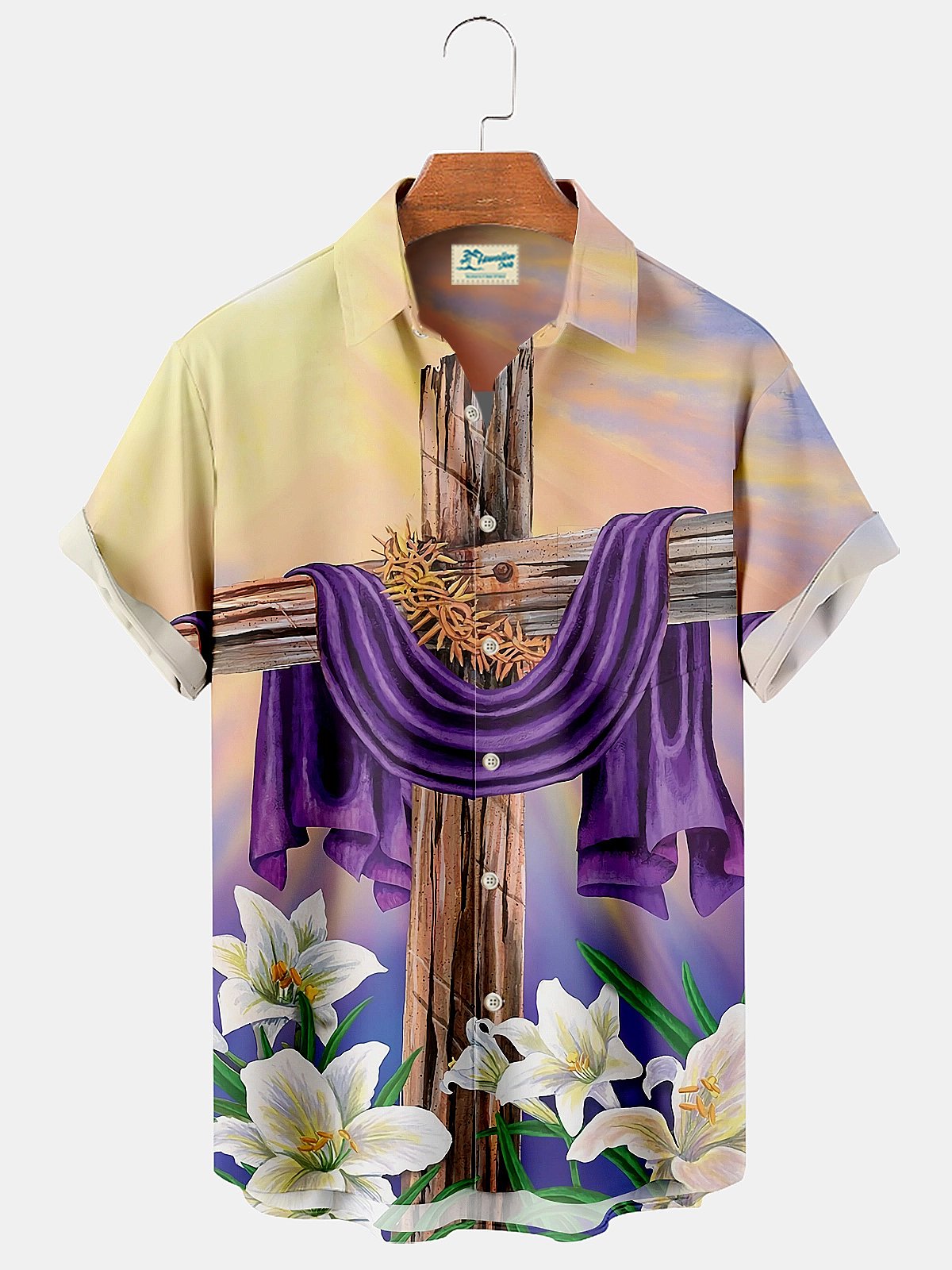 Royaura Easter Lily Cross Men's lapel button pocket shirt