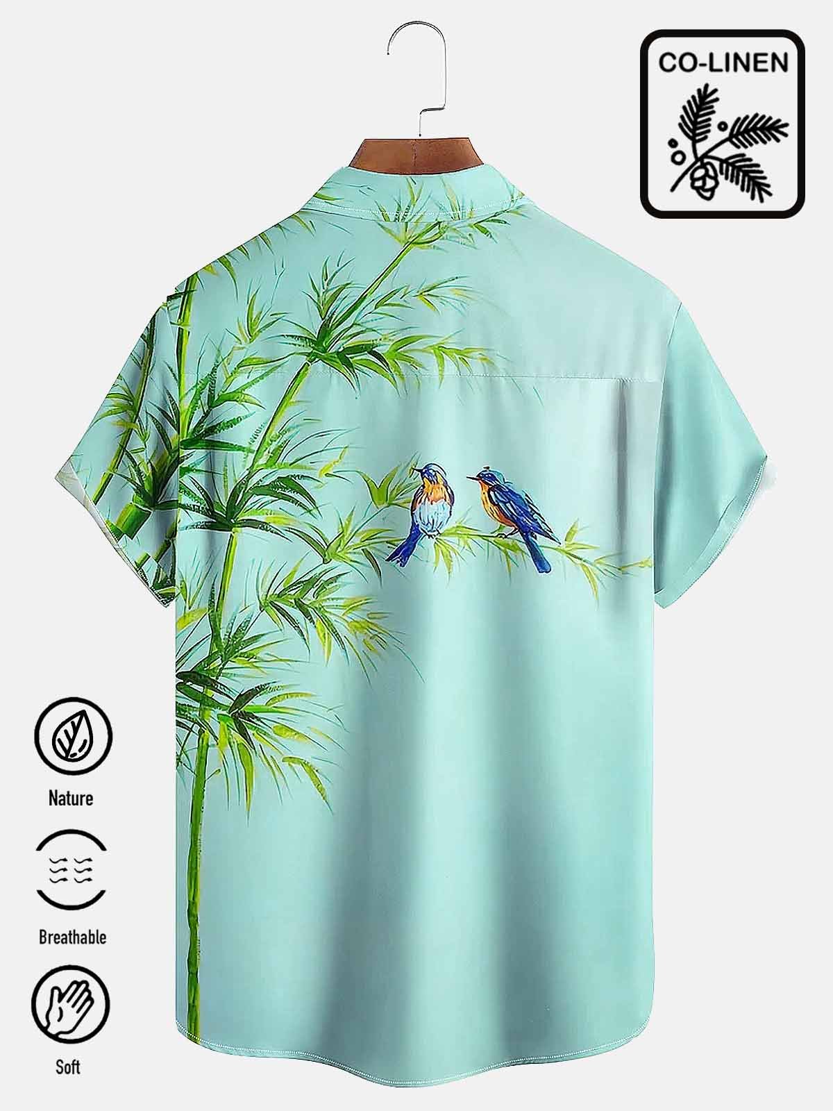 Royaura Comfortable hemp Hawaiian Bamboo Leaf Parrot Men's Button Pocket Shirt