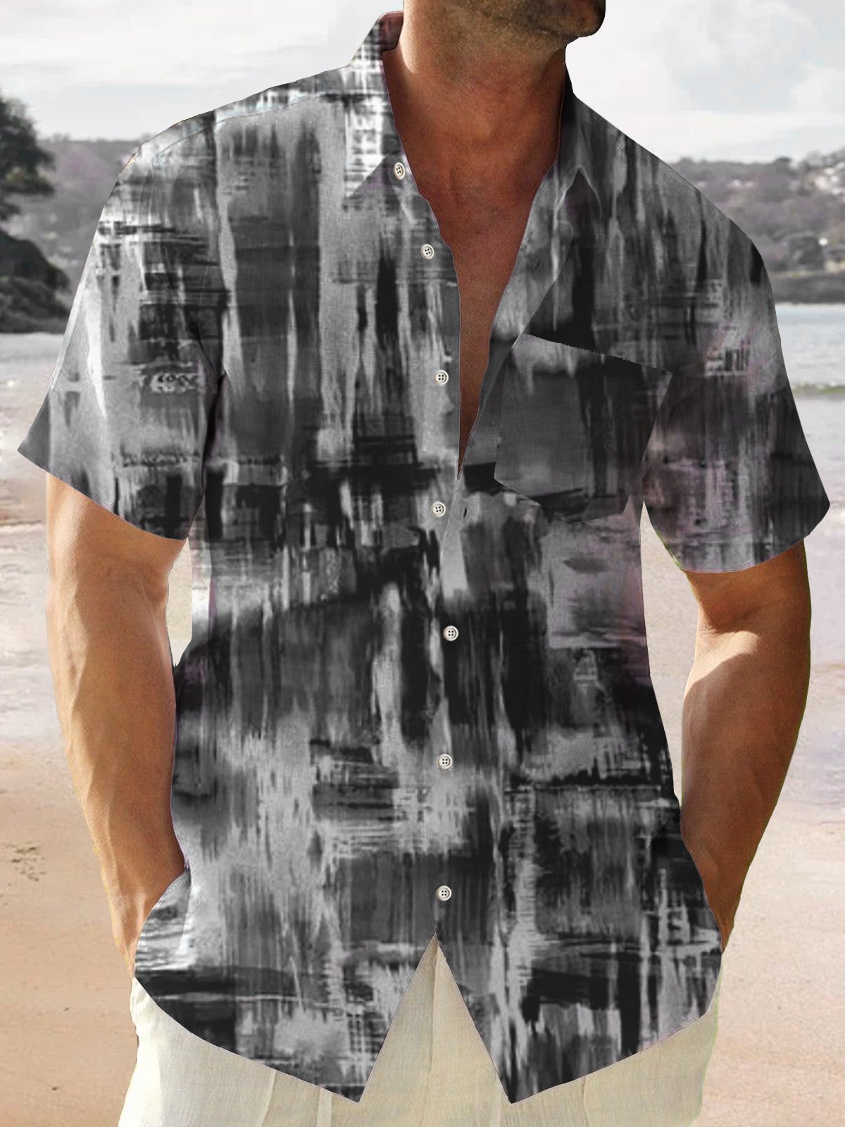 Royaura Nature  Fiber Black Gradient Block Men's Casual Shirt  Plus Size Shirts
