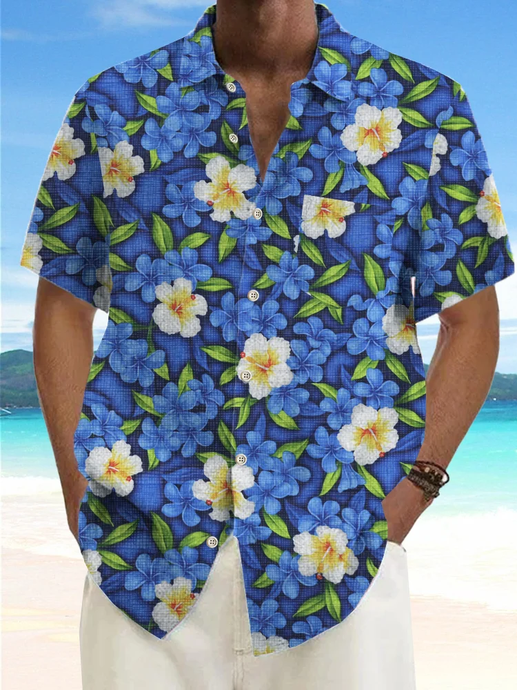 Royaura Comfortable Beach Plumeria Print Men's Vacation Hawaiian Big and Tall Aloha Shirt
