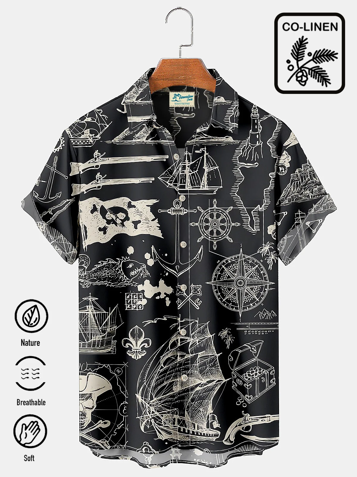 Royaura Natural Fiber Vintage Marine Pirate Map Men's Pocket Button Shirt