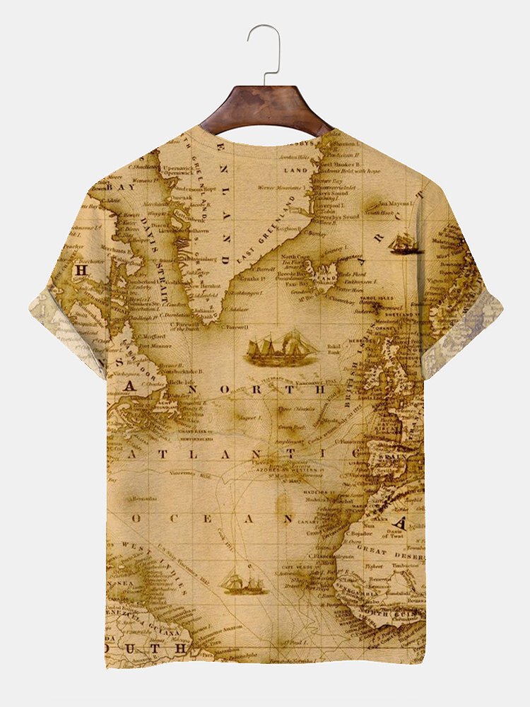 Royaura Vintage Map Print Men's Basic Casual Big and Tall T-Shirt
