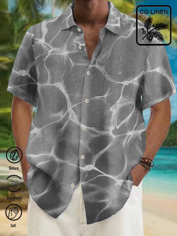 Royaura Comfortable Hemp Hawaiian Blue Wavy Texture Art Men's Button Pocket Shirt