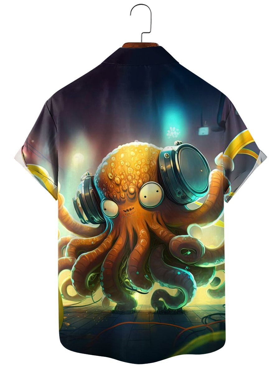 Royaura Beach Vacation Ocean Octopus Men's Hawaiian Shirts Stretch Plus Size Aloha Button Shirts