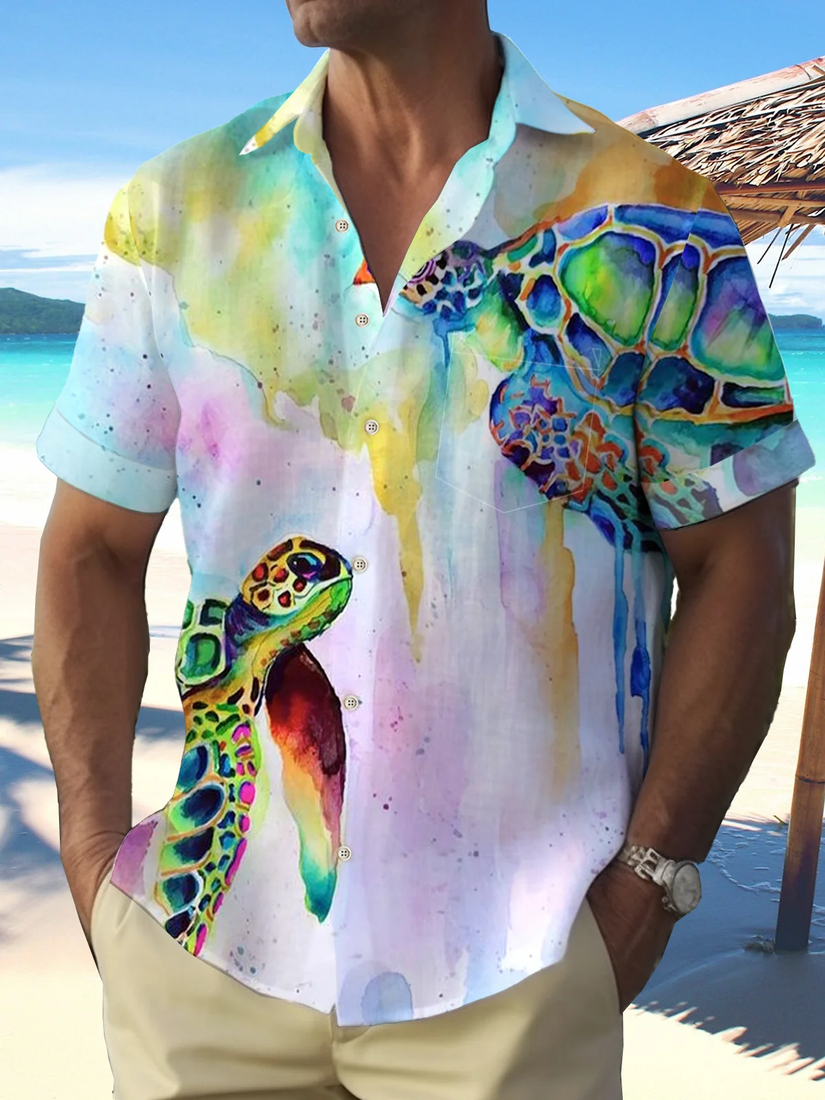 Royaura Natural Fiber Honu Turtle Ombre Print Men's Vacation Hawaiian Big And Tall Aloha Shirt