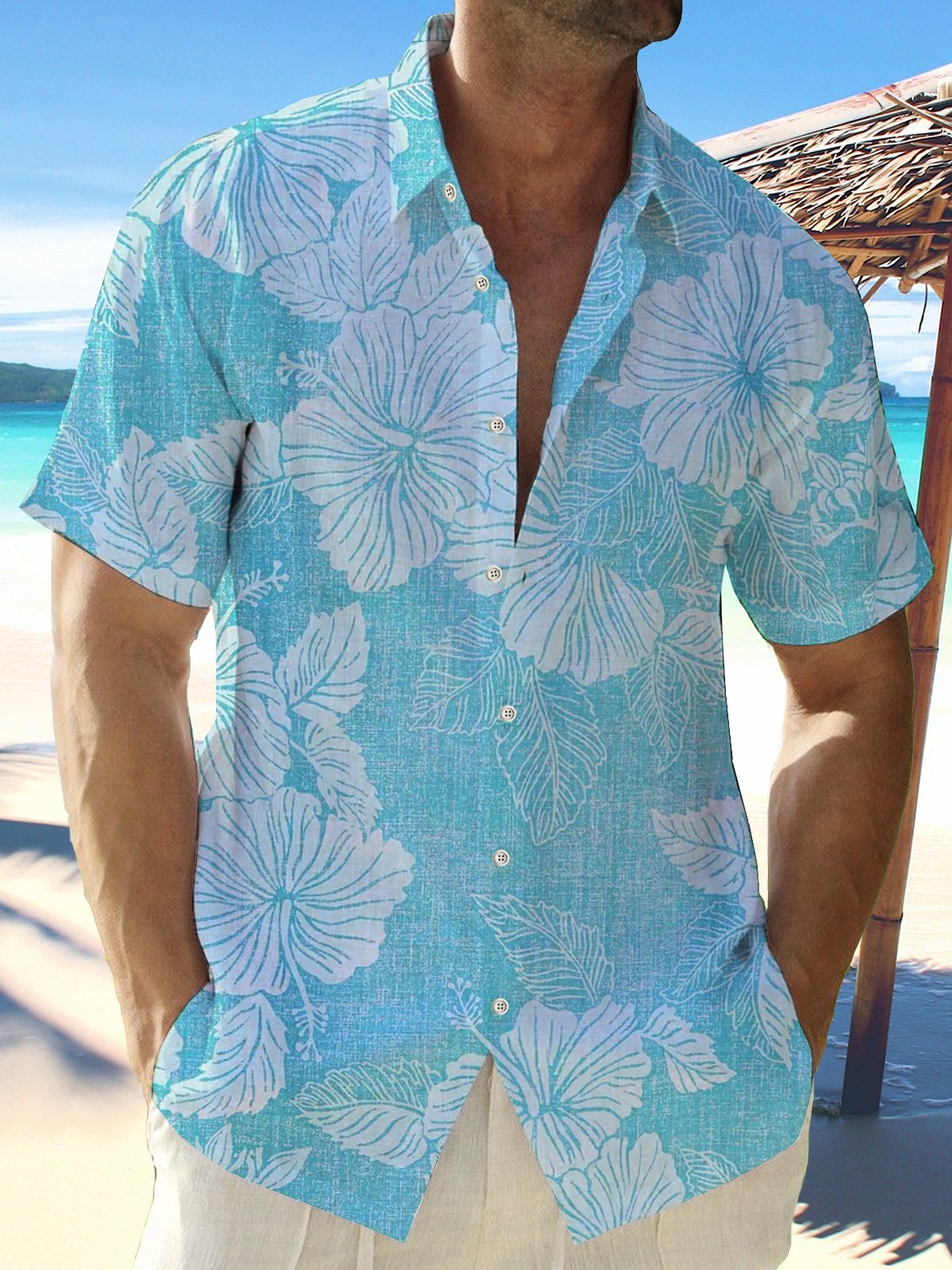 Royaura Natural Fiber Chambray Floral Men's Vacation Beach Hawaiian Big & Tall Aloha Shirt