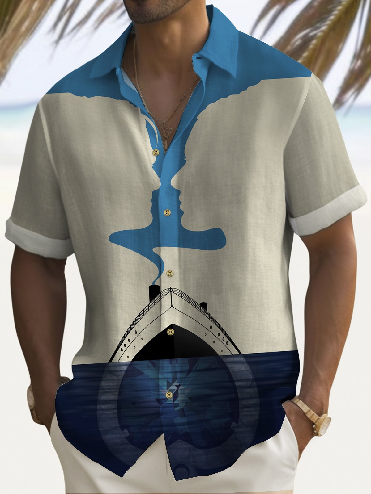 Royaura Vintage Movie Art Men's Hawaiian Shirts Stretch Wrinkle Free Seersucker Big Size Aloha Shirts