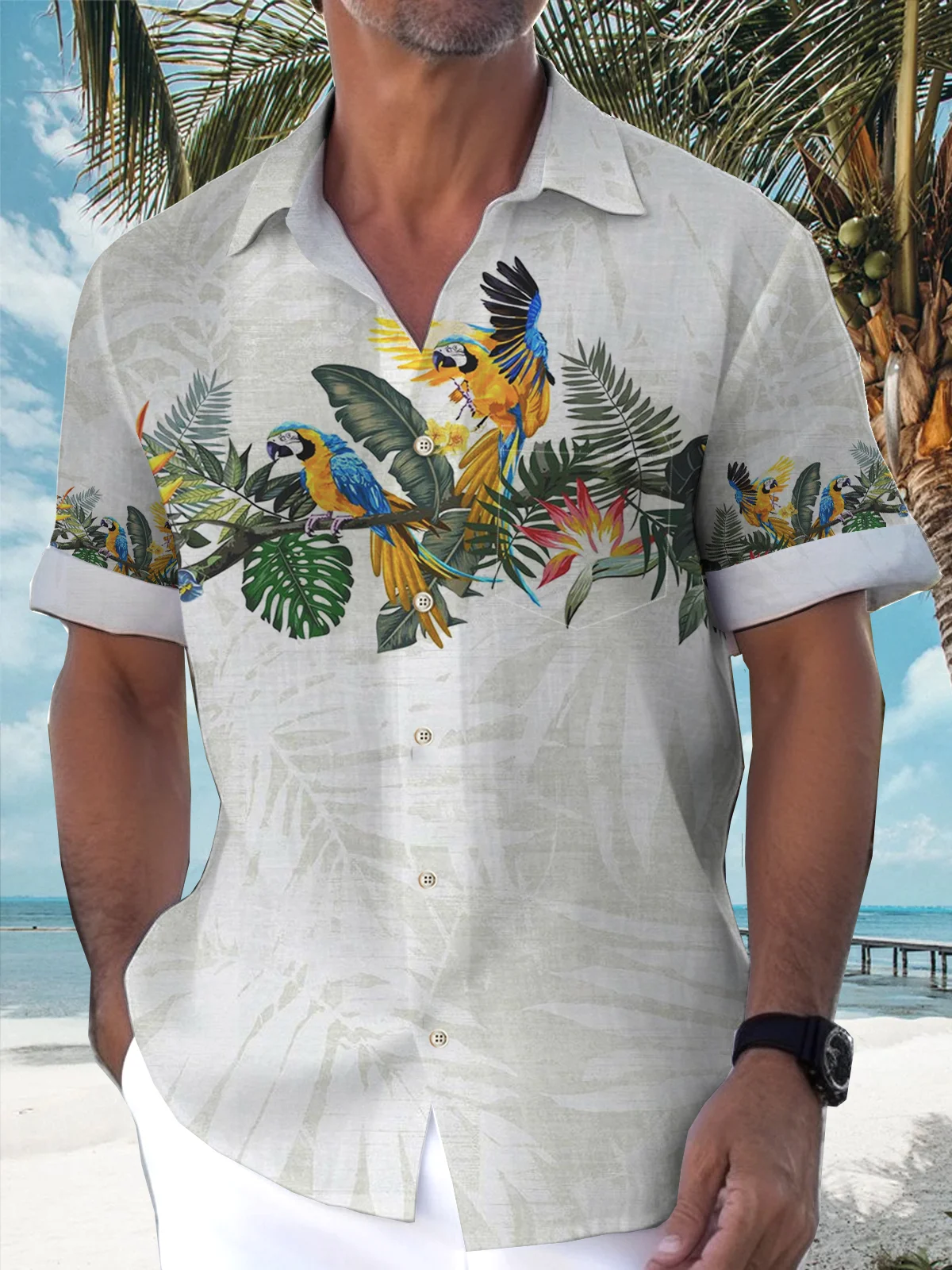 Royaura Parrot Floral Print Men's Vacation Hawaiian Big And Tall Aloha ...
