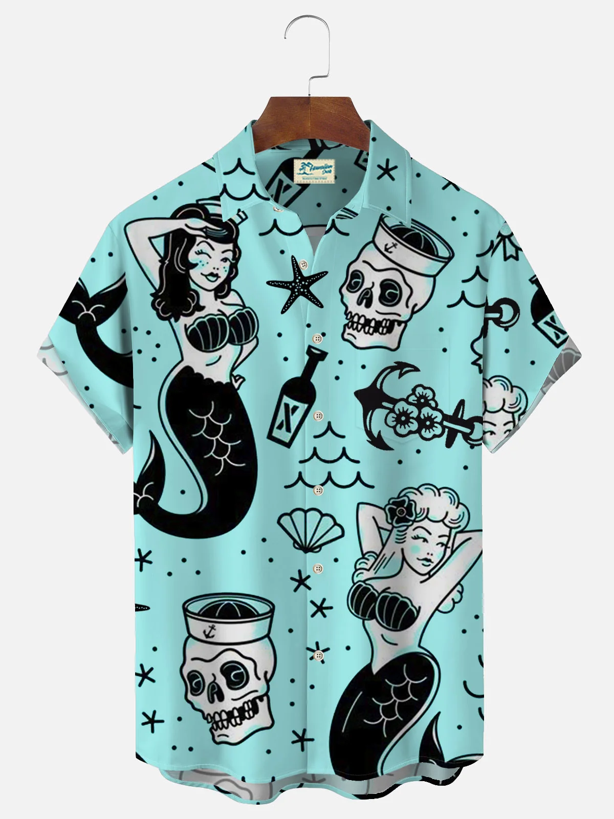 Royaura Vintage Holiday Mermaid Men's Hawaiian Shirt Stretch Wrinkle Free Seersucker Plus Size Camp Shirts