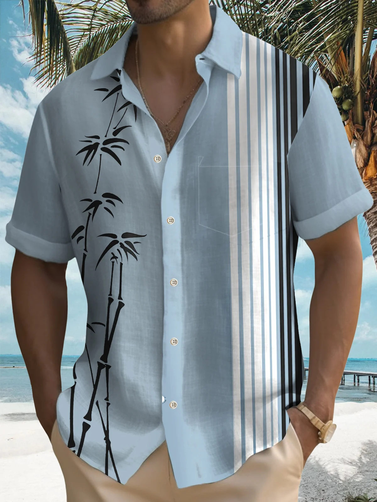 Royaura Bamboo Plant Print Men's Vacation Hawaii Big And Tall Aloha Shirt