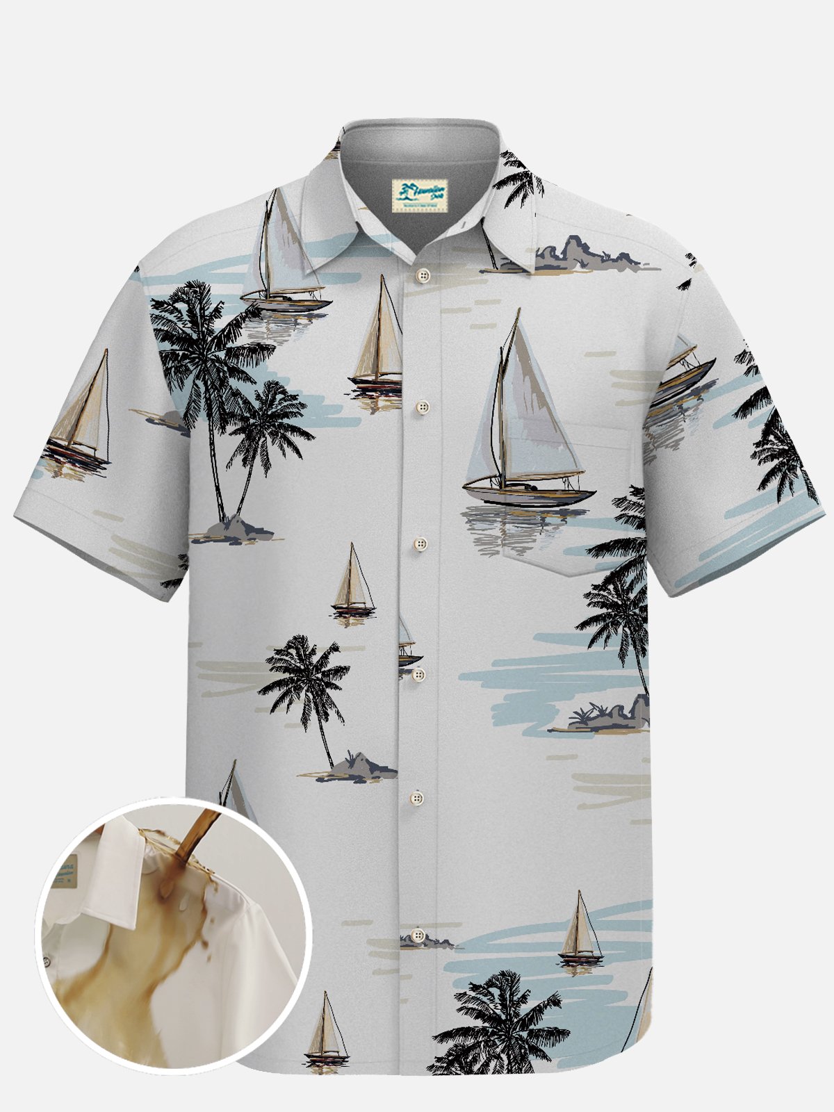 Royaura Waterproof Sailboat Holiday Beach Short Sleeve Hawaiian Shirts  Coconut Tree Stain-Resistant Lightweight