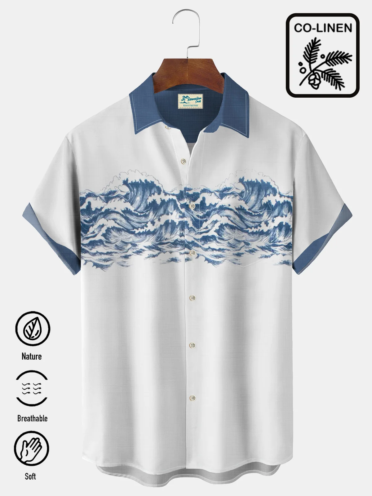Royaura Natural Fiber Vintage Bowling Wave Print Beach Men's Vacation Hawaiian Big And Tall Aloha Shirt