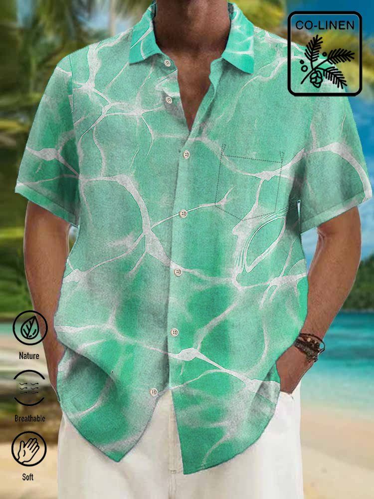 Royaura Comfortable Hemp Hawaiian Blue Wavy Texture Art Men's Button Pocket Shirt