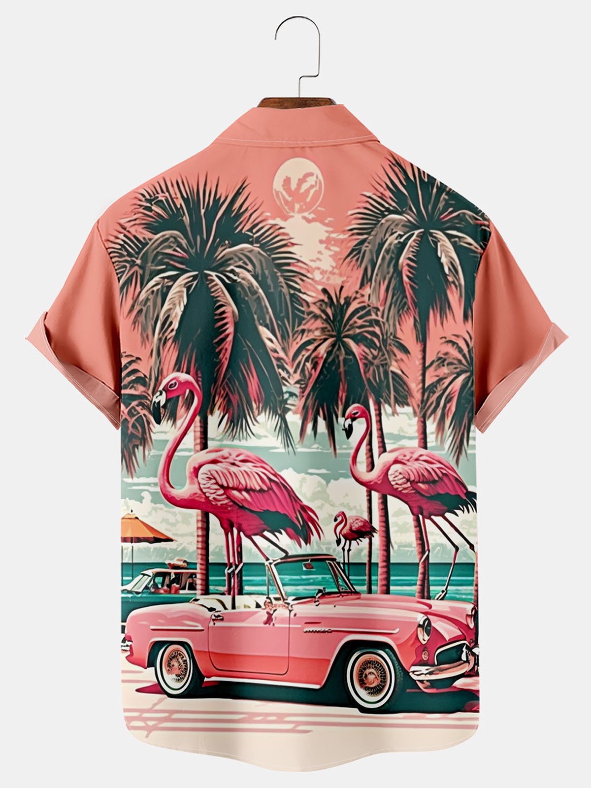 Royaura Hawaii Flamingo Car Coconut Tree Men Button Pocket Shirt