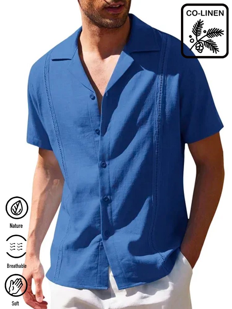 Men's Casual Cotton Linen Solid Color Camp Collar Plain Short Sleeve Shirt