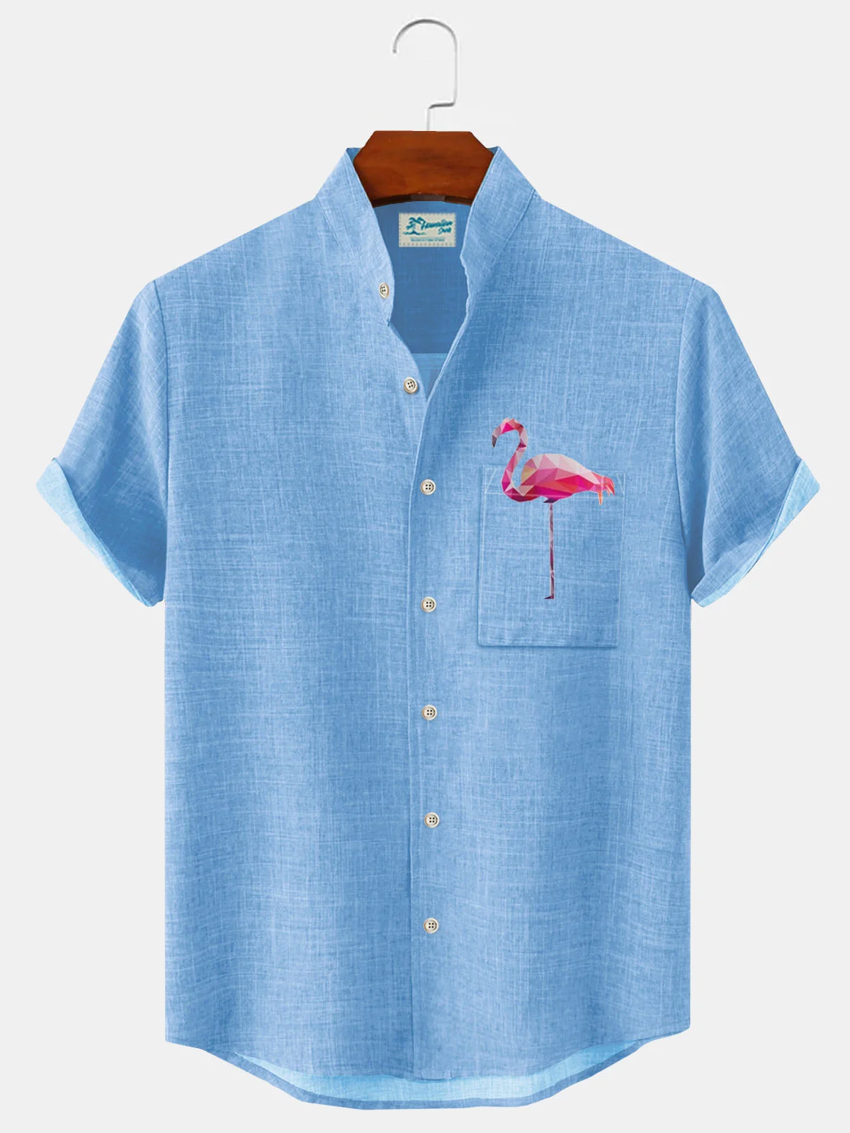 Royaura Natural Fiber Hawaiian Flamingo Stand Collar Men's Button Down Pocket Shirt