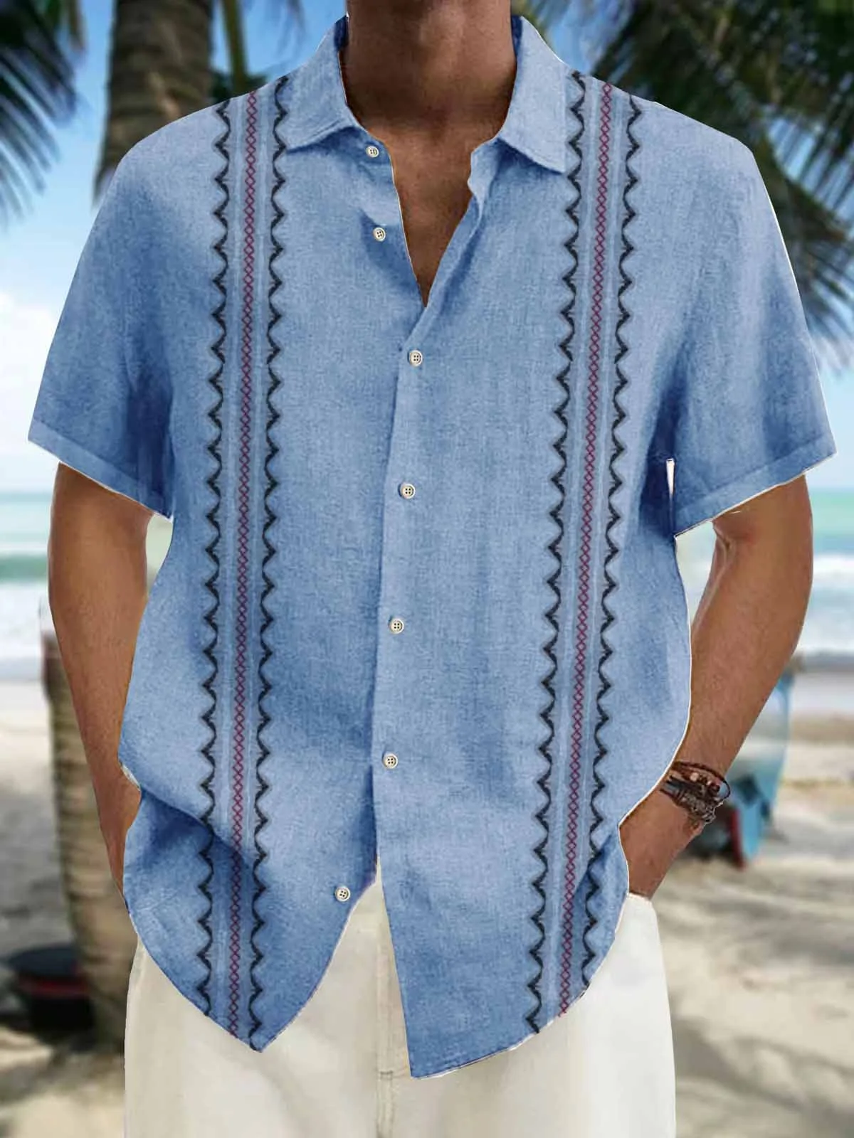 Royaura Holiday Casual Vintage Men's Guayabera Shirts Natural Fiber Blend Oversized Hawaiian Aztec Shirts