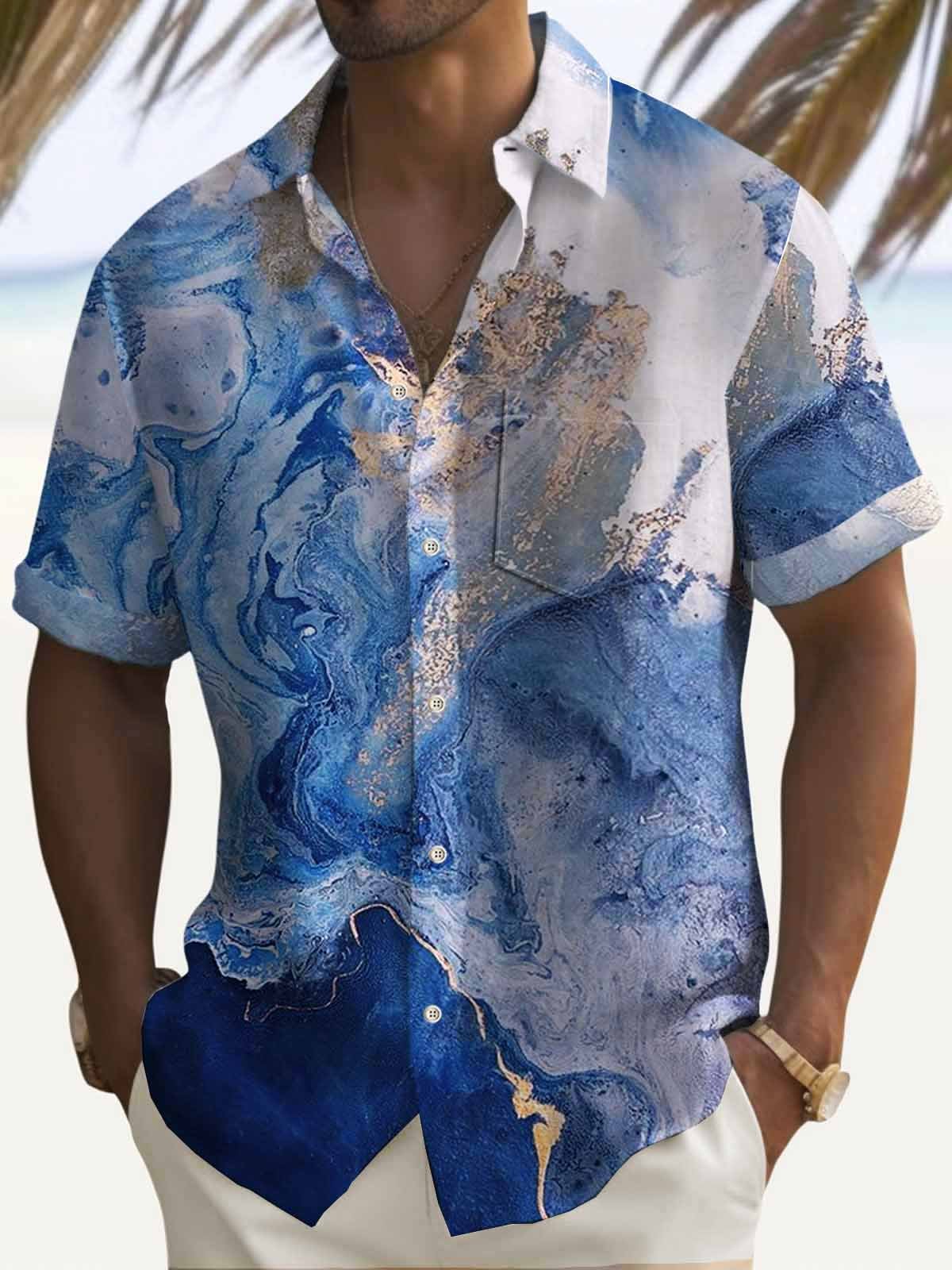 Royaura Beach Vacation Men's Hawaiian Shirts Art Stretch Plus Size Pocket Camp Shirts