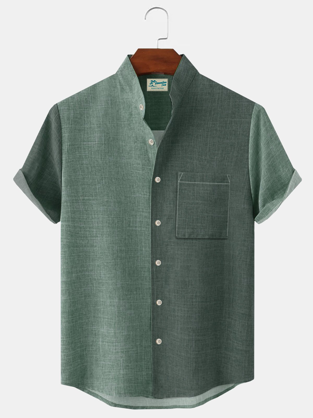 Royaura Natural Fiber Contrast Color Stitching Men's Stand Collar Button Pocket Shirt