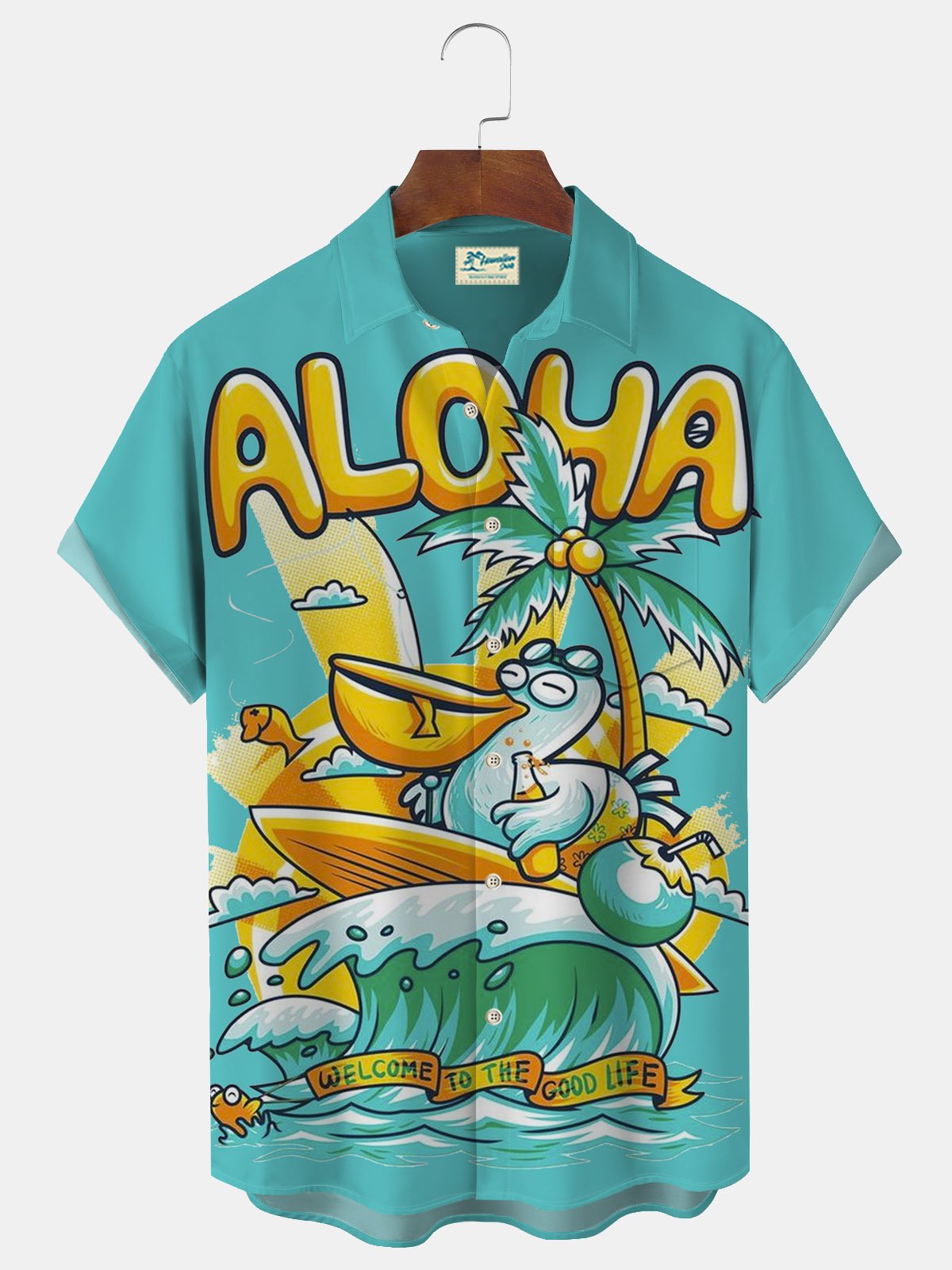 Royaura Beach Holiday Coconut Tree Blue Men's Hawaiian Shirts Cartoon Art Plus Size Aloha Camp Pocket Shirts