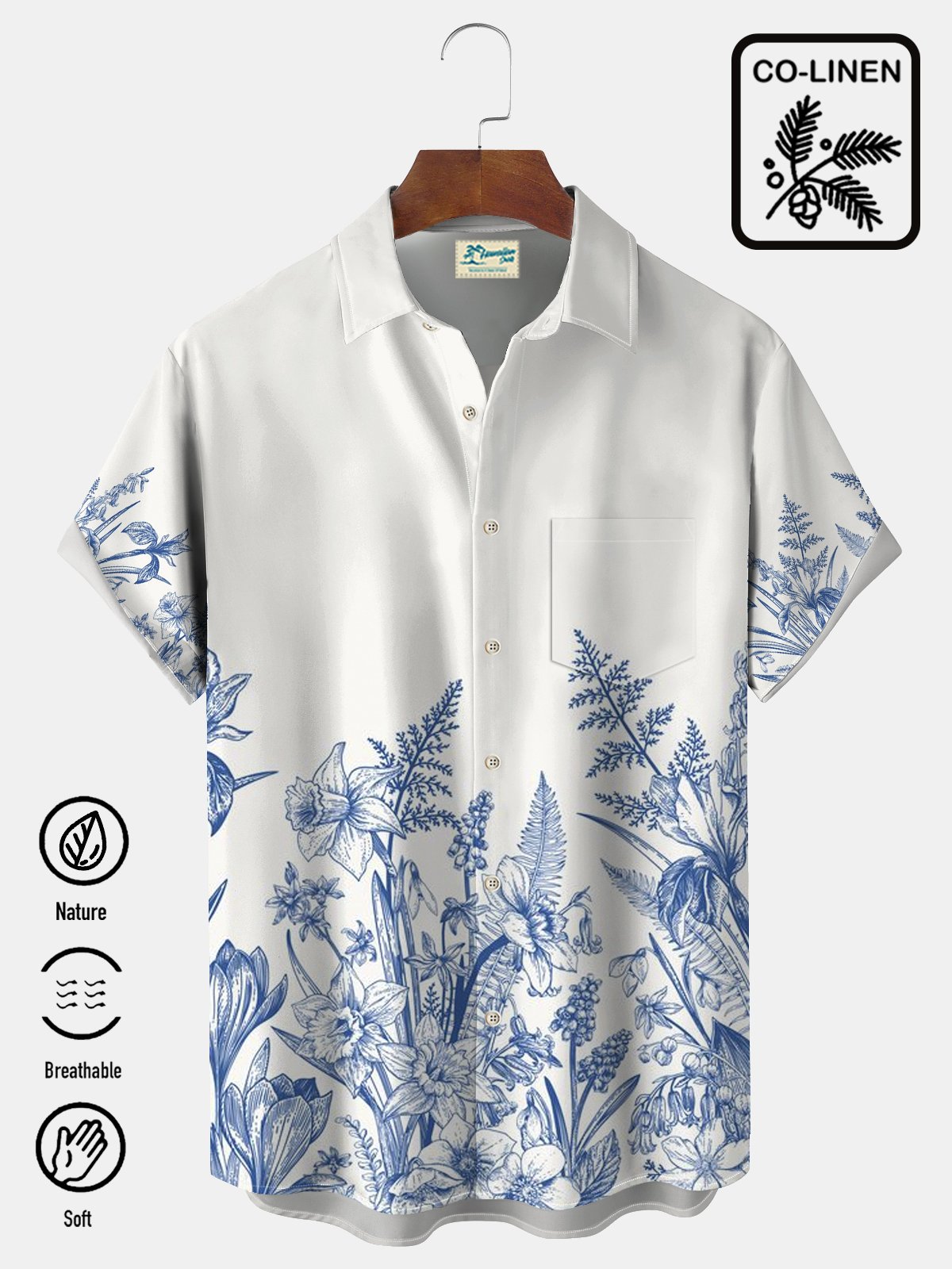 Royaura Nature  Fiber Shirt Floral Print Beach Men's Hawaiian Big&Tall Shirt With Pocket