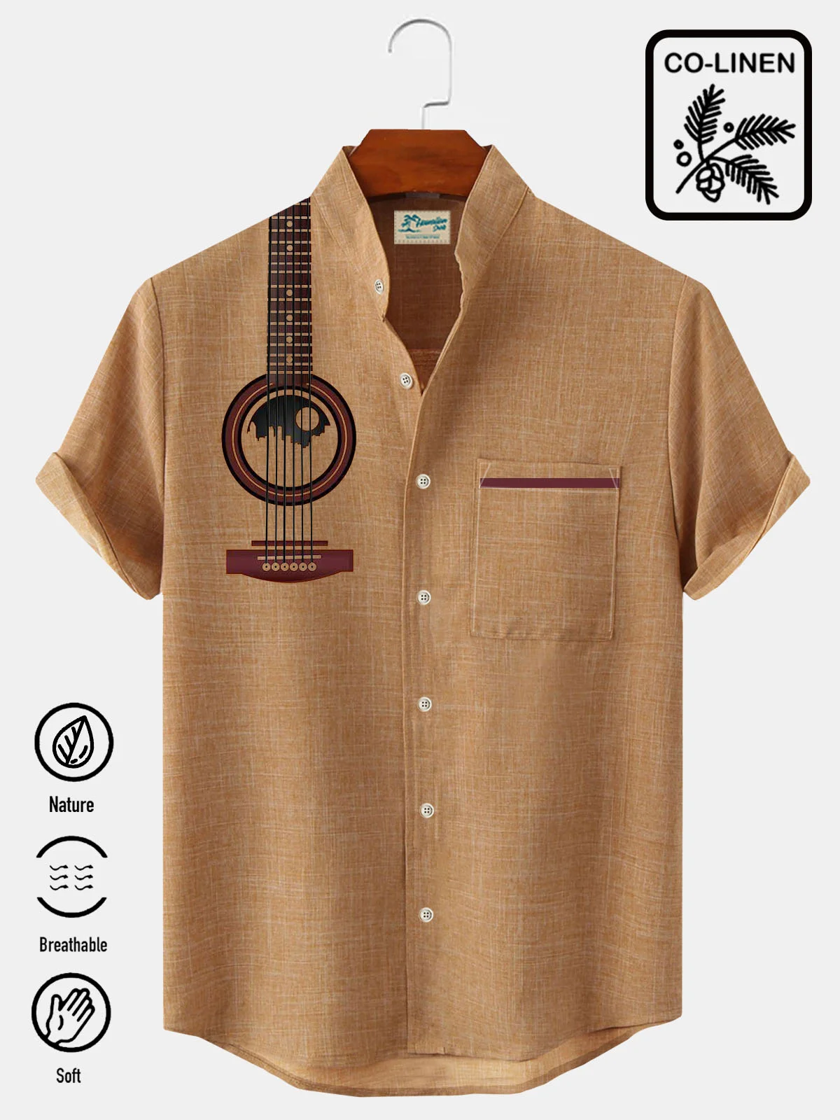 Royaura® Cotton Linen Vintage Musical Instrument Print Men's Stand Collar Button Pocket Shirt