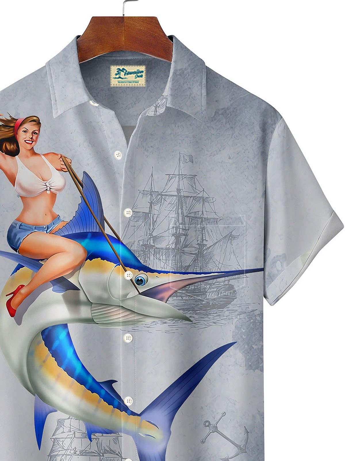 Royaura Hawaii Vintage Map Fish Belle Print Men's Button Pocket Shirt