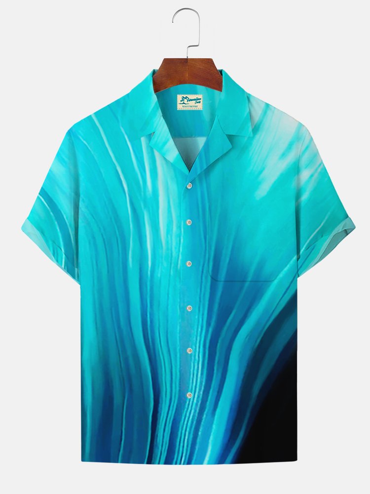Royaura Camp Collar Hawaiian Ombre Aurora Print Men's Button Pocket Two-Piece Shirt Shorts Set