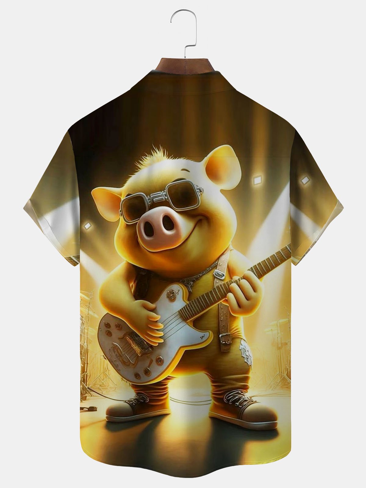Royaura Music Instrument Guitar Pig Print Men's Button Pocket Shirt