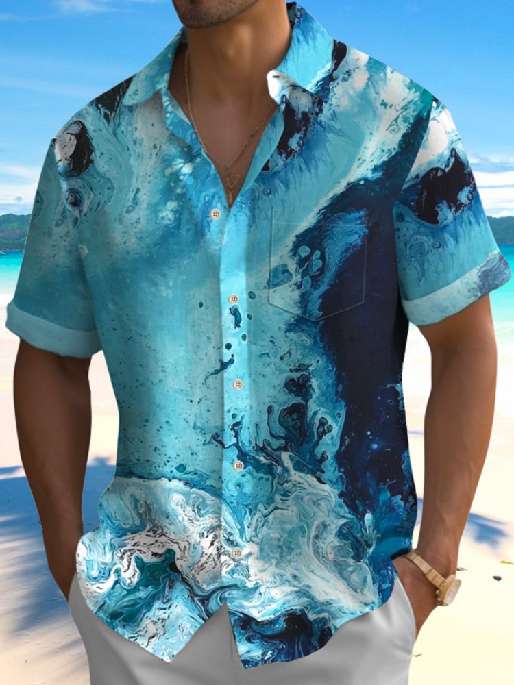 Royaura Vacation Gradient Ocean Print Beach Men's Hawaiian Oversized Shirt With Pocket