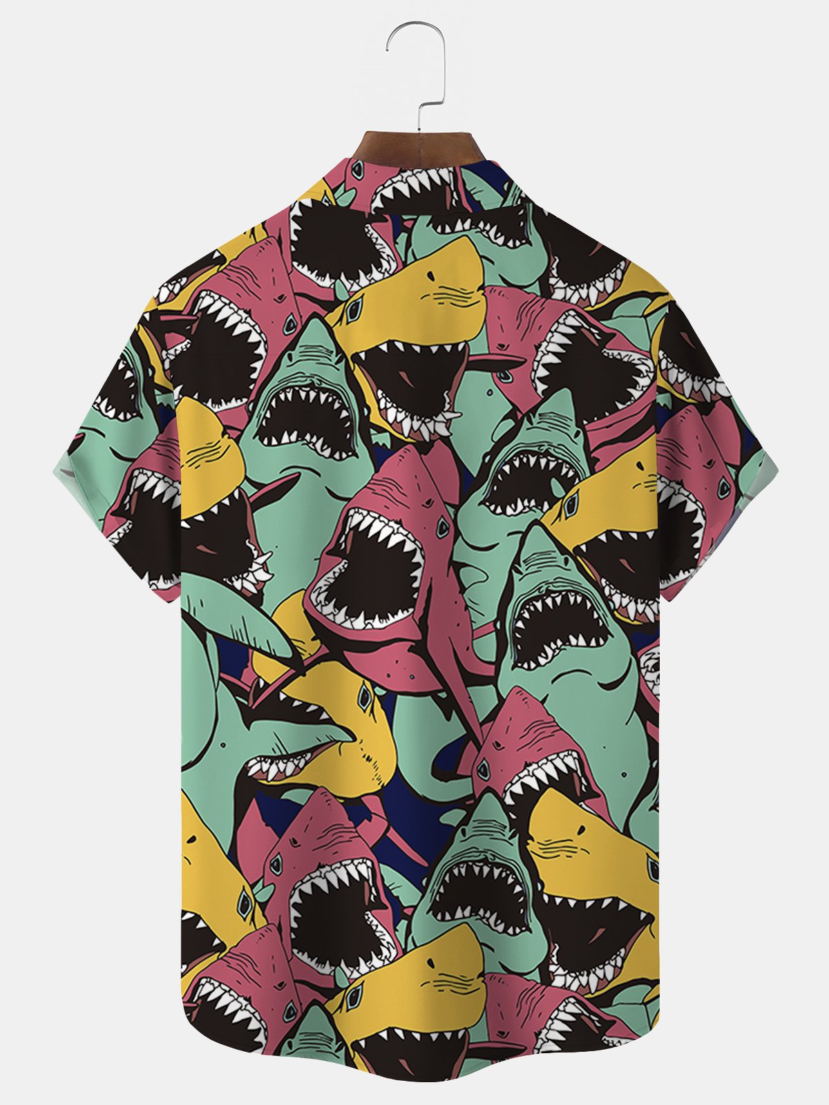 Royaura Shark Print Beach Men's Hawaiian Plus Size Shirt with Pockets