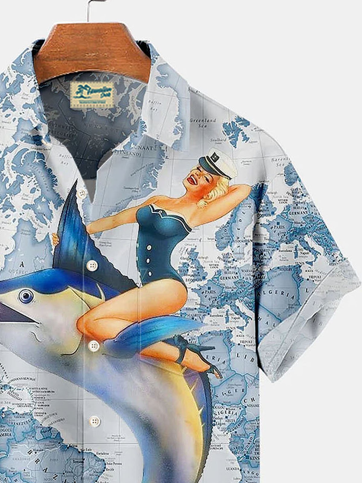 Royaura Hawaii Map Tuna Print Men's Button Pocket Shirt