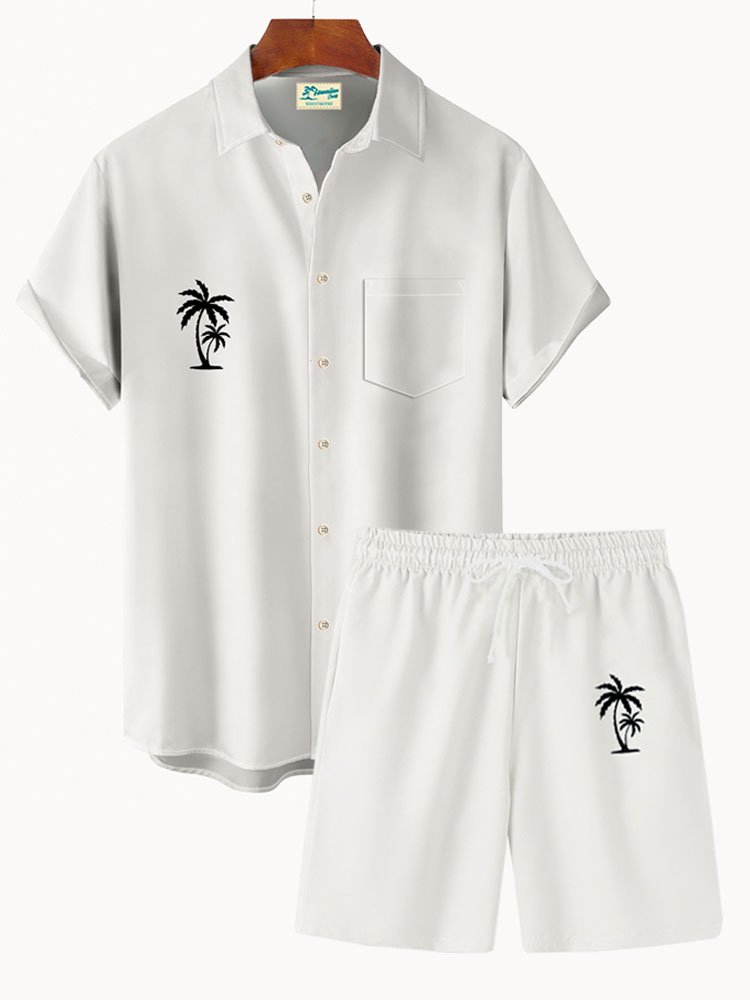 Royaura Hawaiian Coconut Tree Print Men's Button Pocket Two-Piece Shirt And Shorts Set