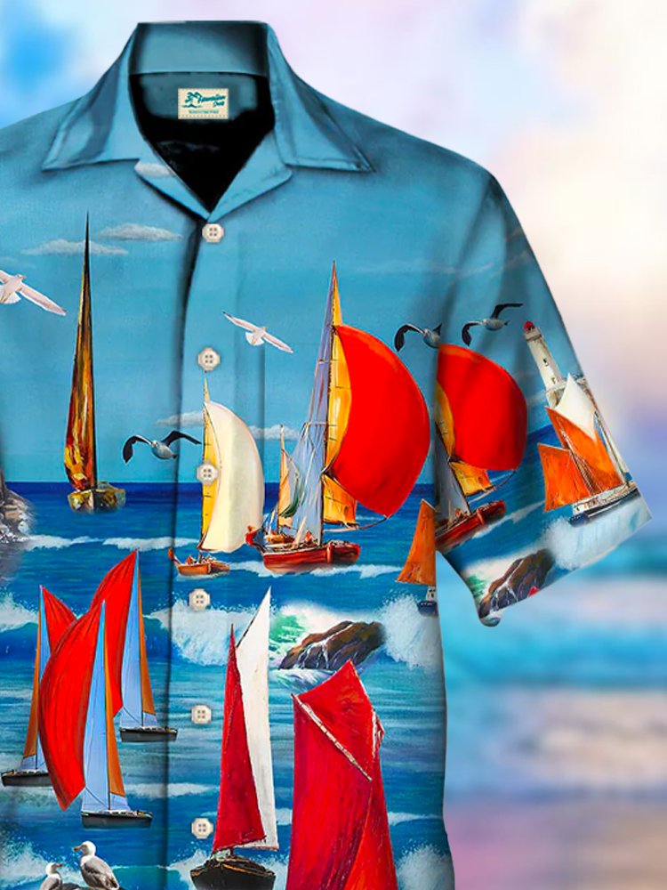 Royaura Sail Boat Print Beach Men's Hawaiian Oversized Shirt With Pocket