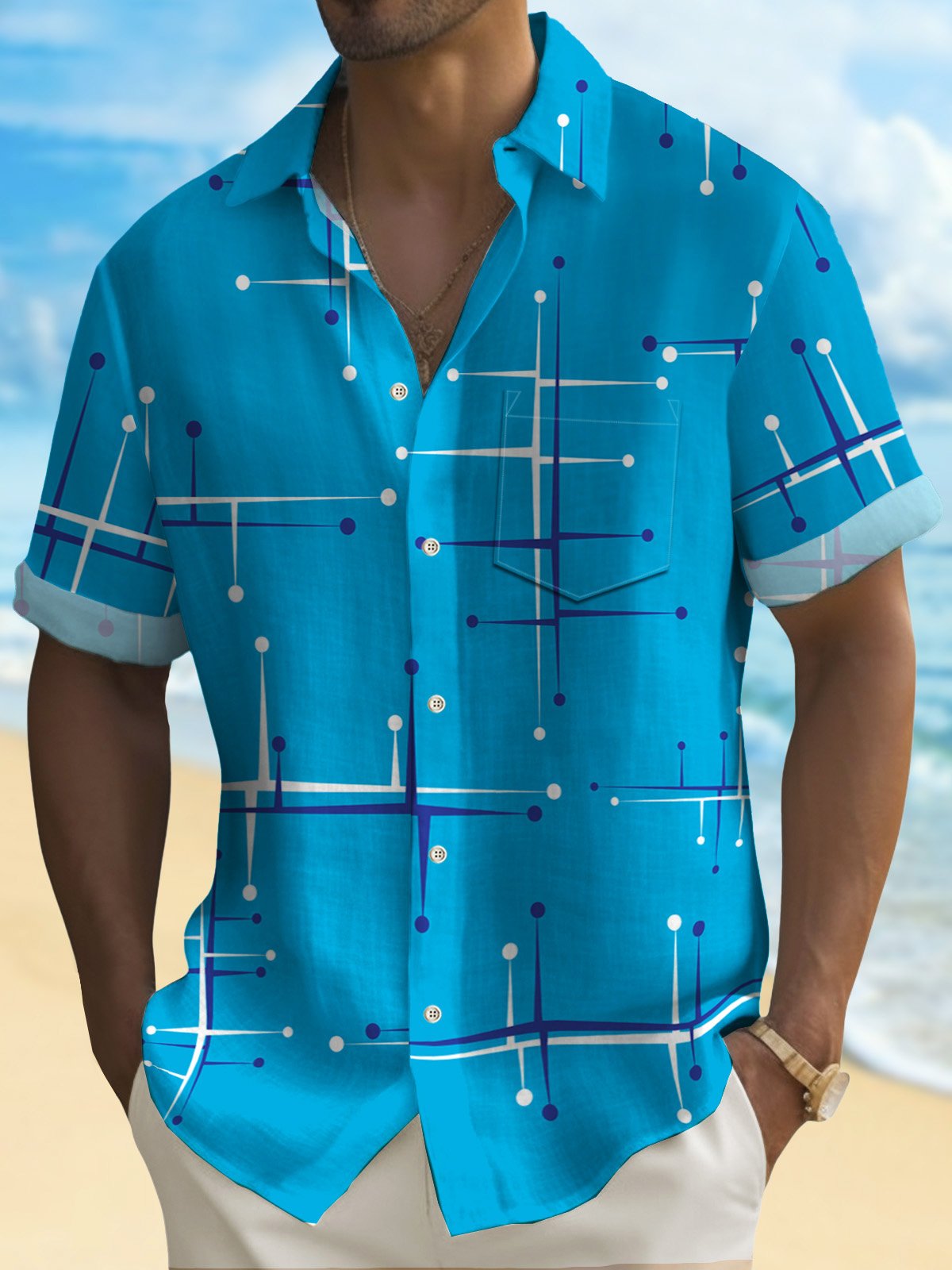Royaura 50’S Vintage Mid-Century Modern Geometric Blue Men's Stretch Plus Aloha Casual Pocket Short Sleeve Shirts