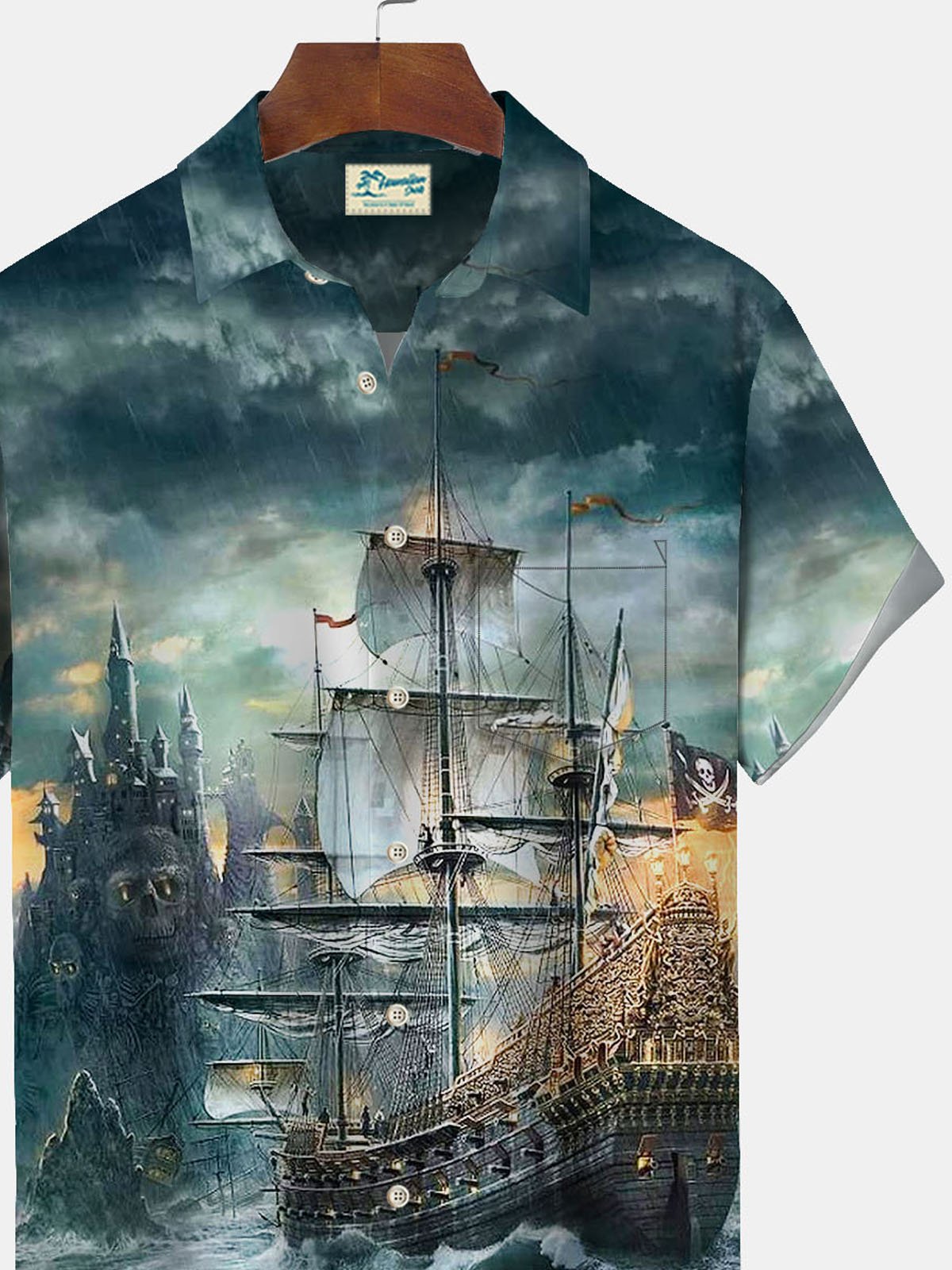 Royaura Vintage Nautical Pirate Ship Print Men's Button Pocket Shirt